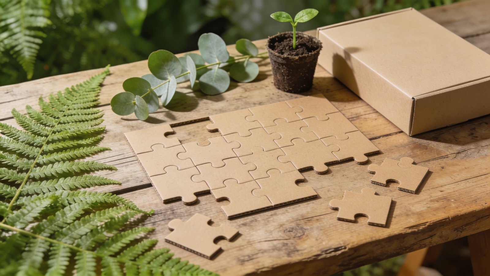 Eco-friendly FSC-certified jigsaw puzzle on natural wood with leaves and recycled paper