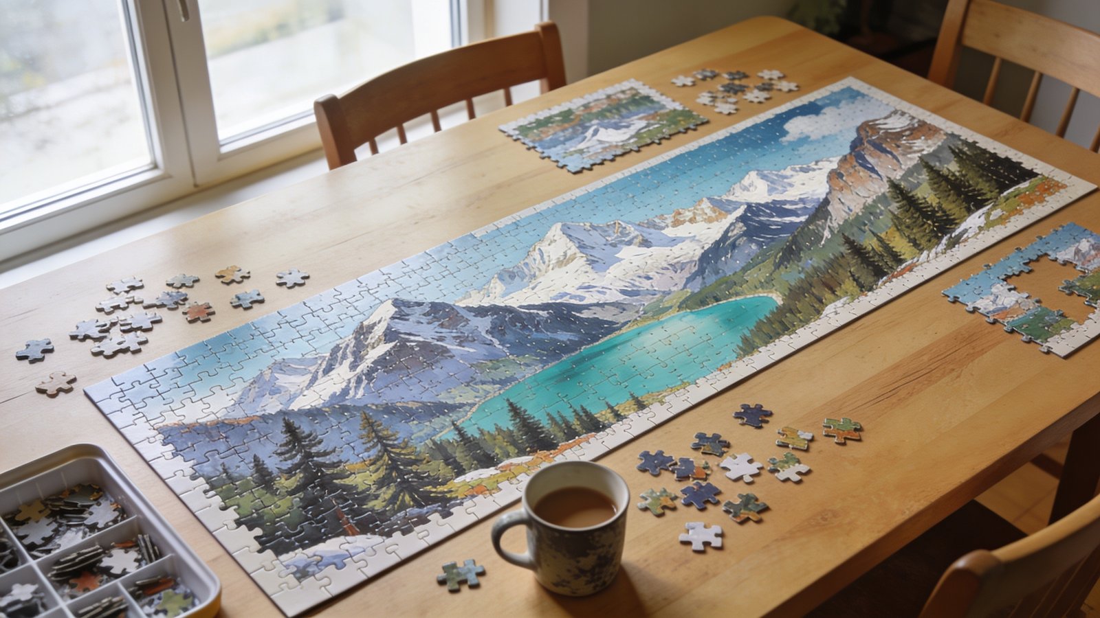 Long panoramic 2000-piece jigsaw puzzle showing an alpine mountain range