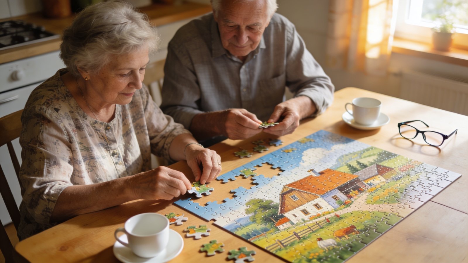 Senior couple solving a 500-piece jigsaw puzzle at a wooden kitchen table