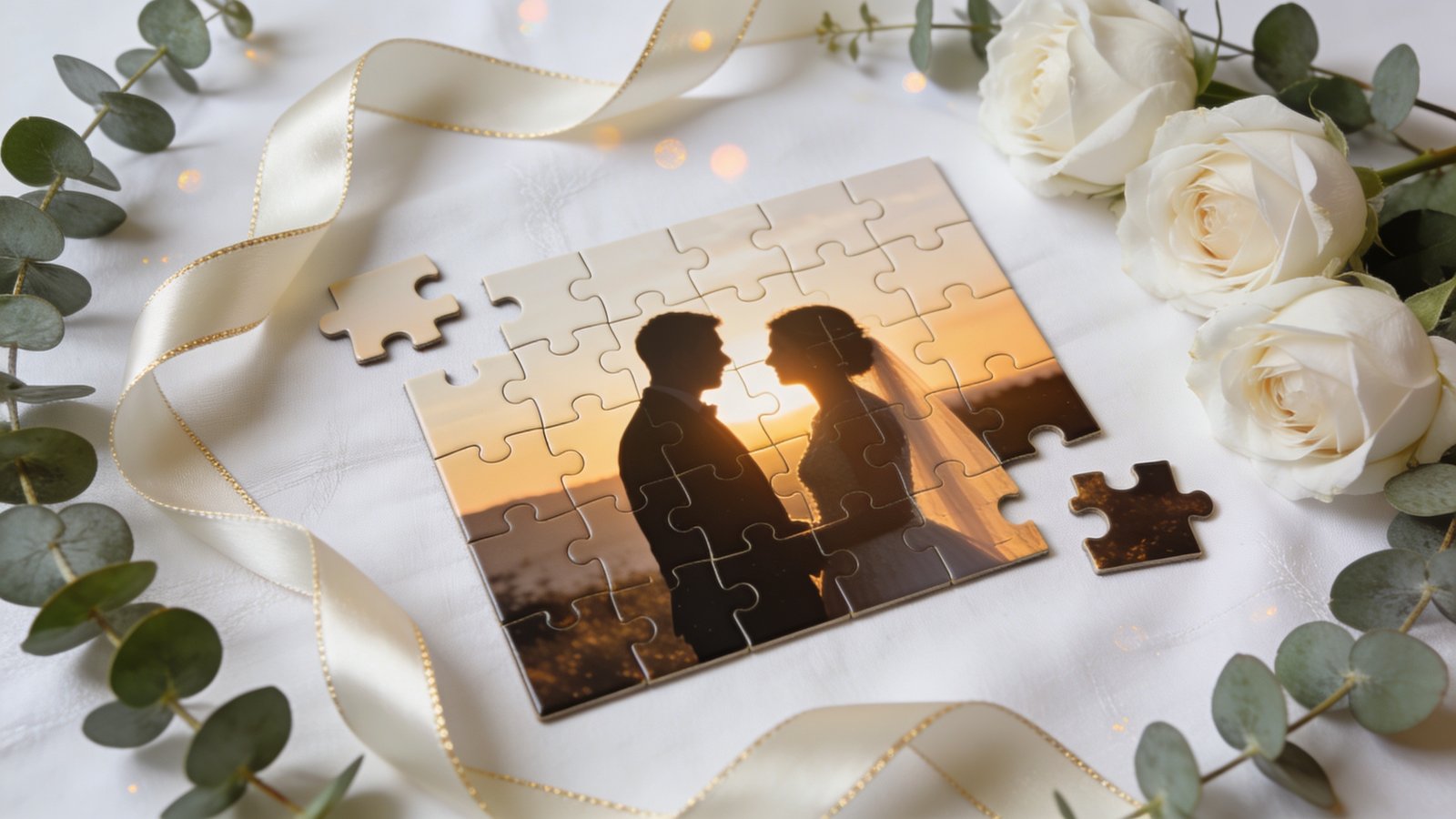 Personalised photo puzzle as wedding gift with ribbon and flowers