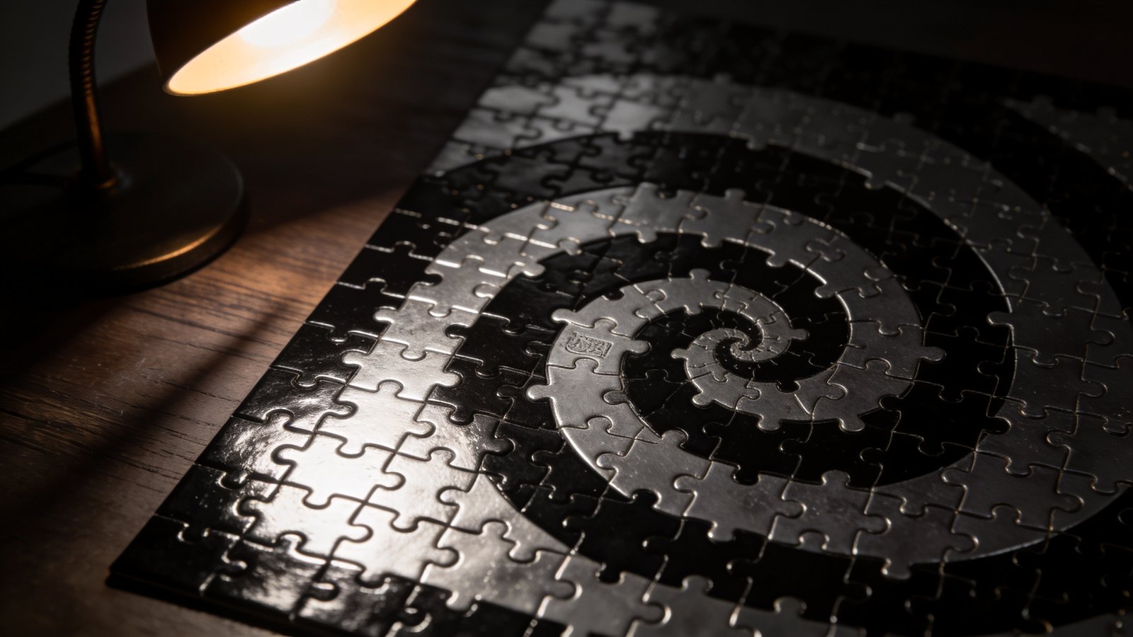 Mysterious all-black impossible jigsaw puzzle pieces scattered on a dark wooden table