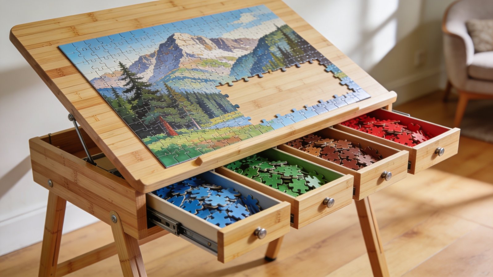 Wooden jigsaw puzzle board with sorting drawers open and sorted pieces