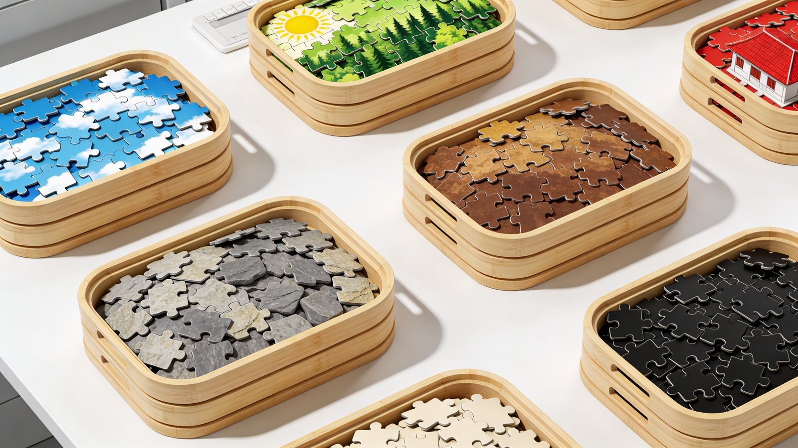 Stackable sorting trays filled with jigsaw puzzle pieces sorted by colour