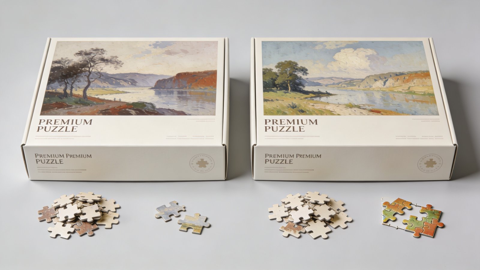 Two unbranded premium jigsaw puzzle boxes compared side by side